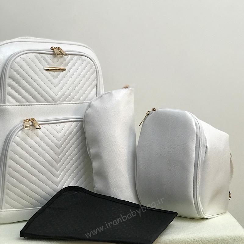 کوله لوازم نوزاد چرم مدل کارگو سفید کوله لوازم مادر و نوزاد چرم مدل کارگو سفید