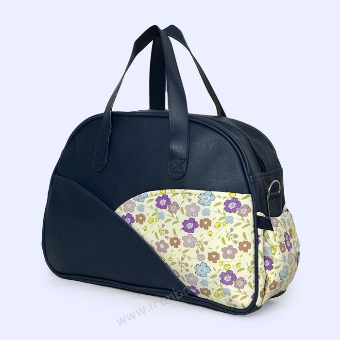 پشت ساک رودوشی لوازم نوزاد نما چرم ساک رودوشی لوازم نوزاد نما چرم گلدار سورمهای، ساک سیسمونی جدید، کیف سیسمونی شیک