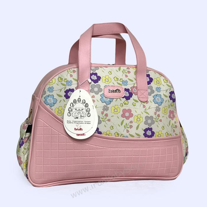 ساک رودوشی لوازم نوزاد مدل نما چرم گلدار ساک رودوشی لوازم نوزاد نما چرم برند ببتو گلدار سورمهای، ساک سیسمونی جدید