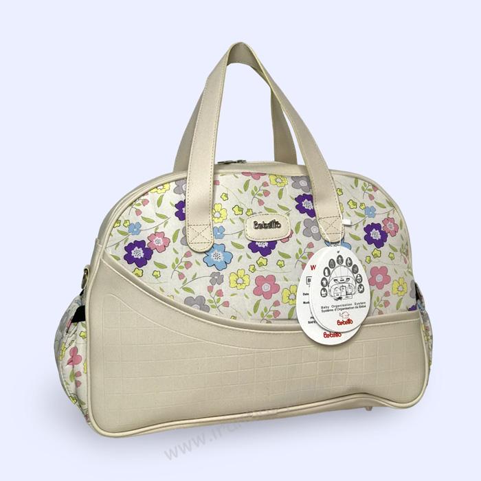 ساک رودوشی لوازم نوزاد گلدار ببتو ساک رودوشی لوازم نوزاد نما چرم برند ببتو گلدار کرم، ساک سیسمونی جدید