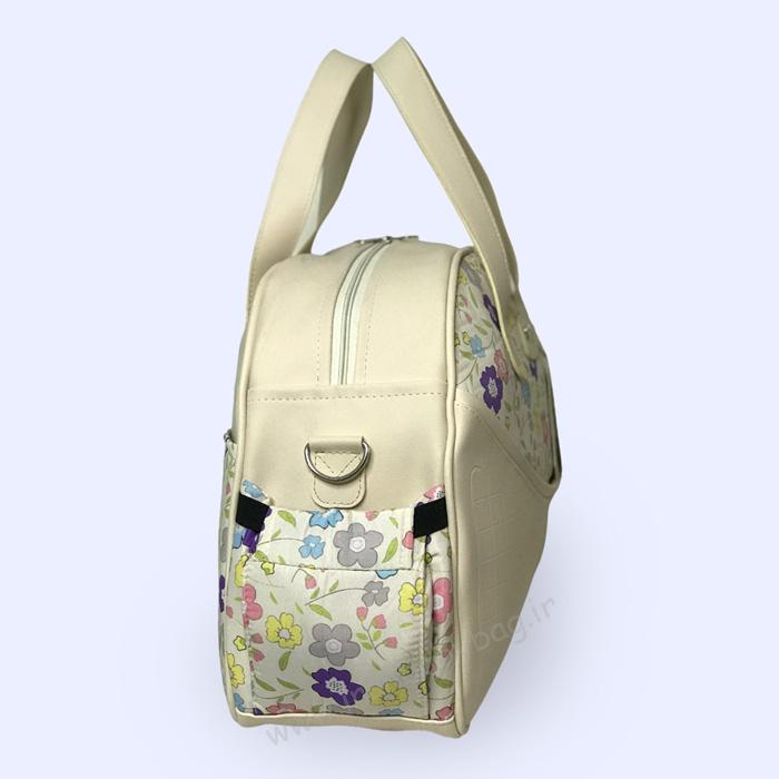 ساک رودوشی لوازم نوزاد ببتو - پهلو ساک رودوشی وسایل مادر گلدار کرم