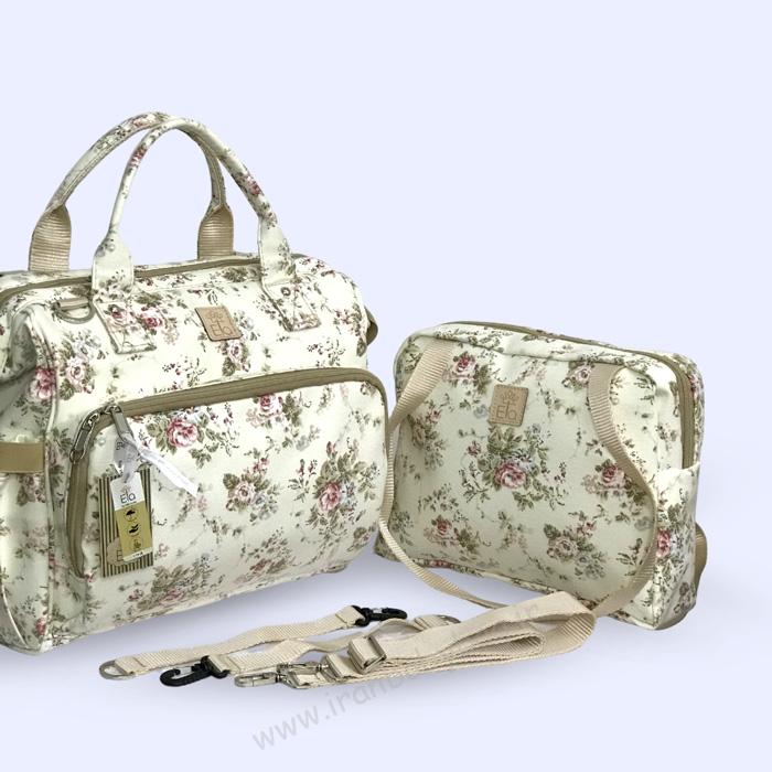 بند همراه کیف لوازم نوزاد هیوا طرح گلدار کرم بند همراه ست کیف لوازم نوزاد الا